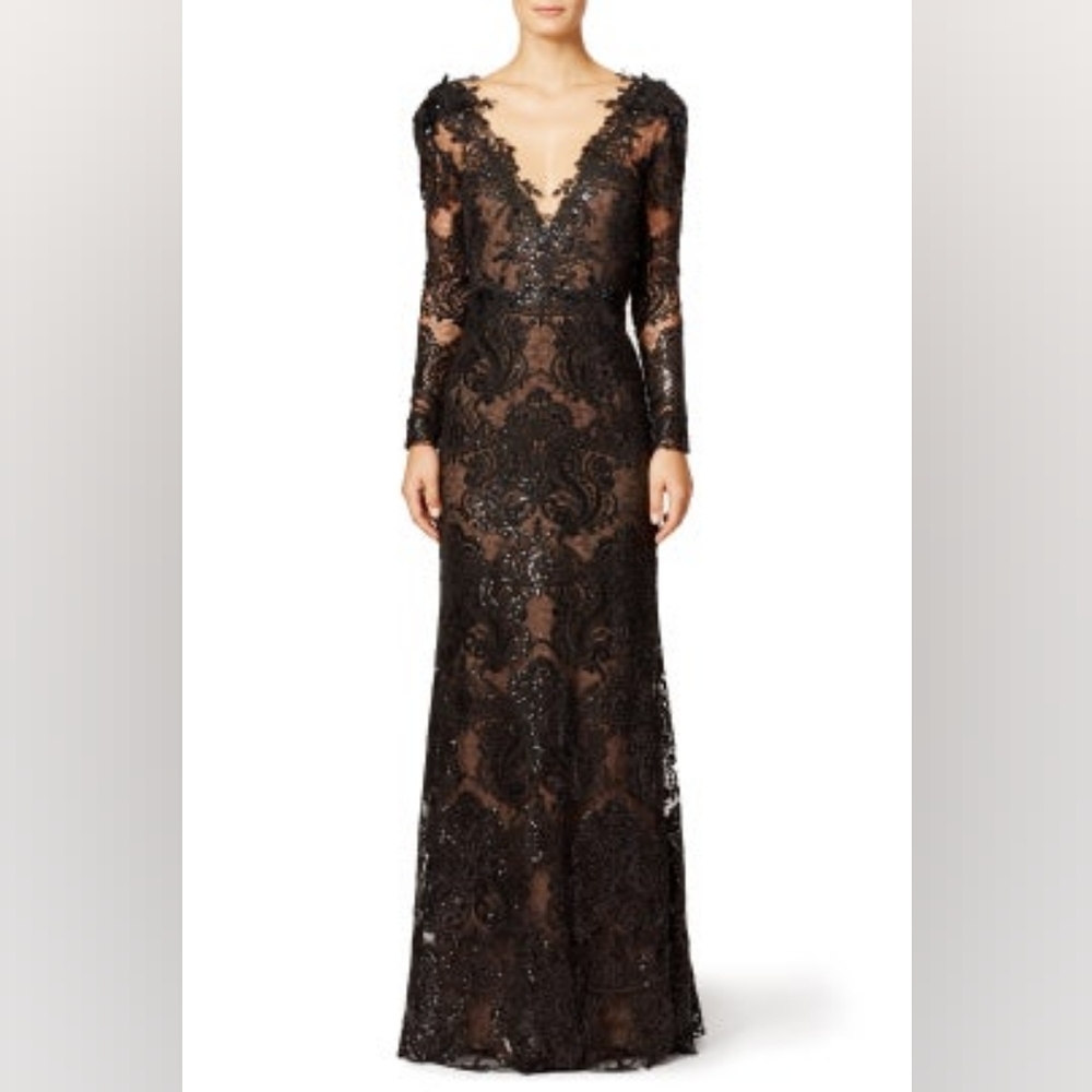 $1,500.00 MARCHESA NOTTE EXCL BLACK LACE BEAD RUNWAY GOWN S - Picture 3 of 14